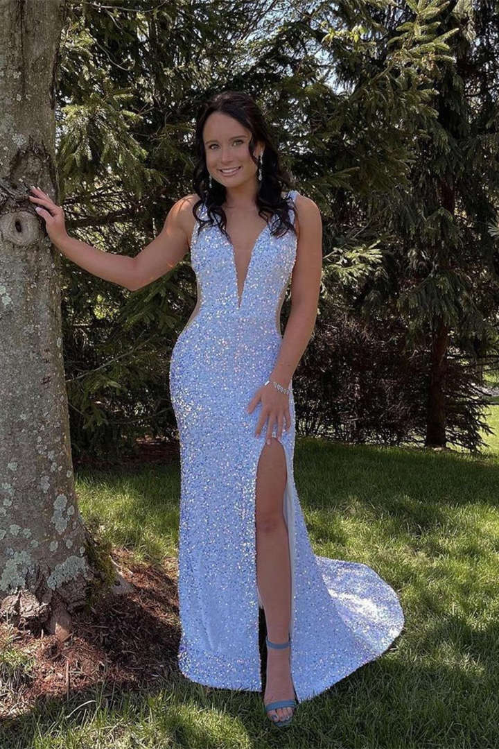 Glitter V-Neck Backless Sequins Long Mermaid Prom Dress - Prom Dresses - DYAVOR®