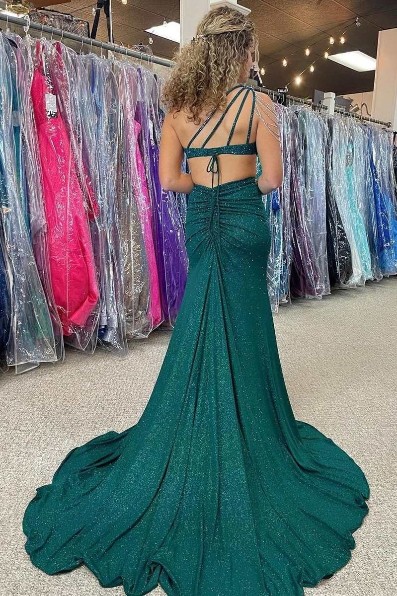 Itzel | One-Shoulder Hunter Green Beaded Mermaid Long Prom Dress with Slit - Prom Dress - DYAVOR®