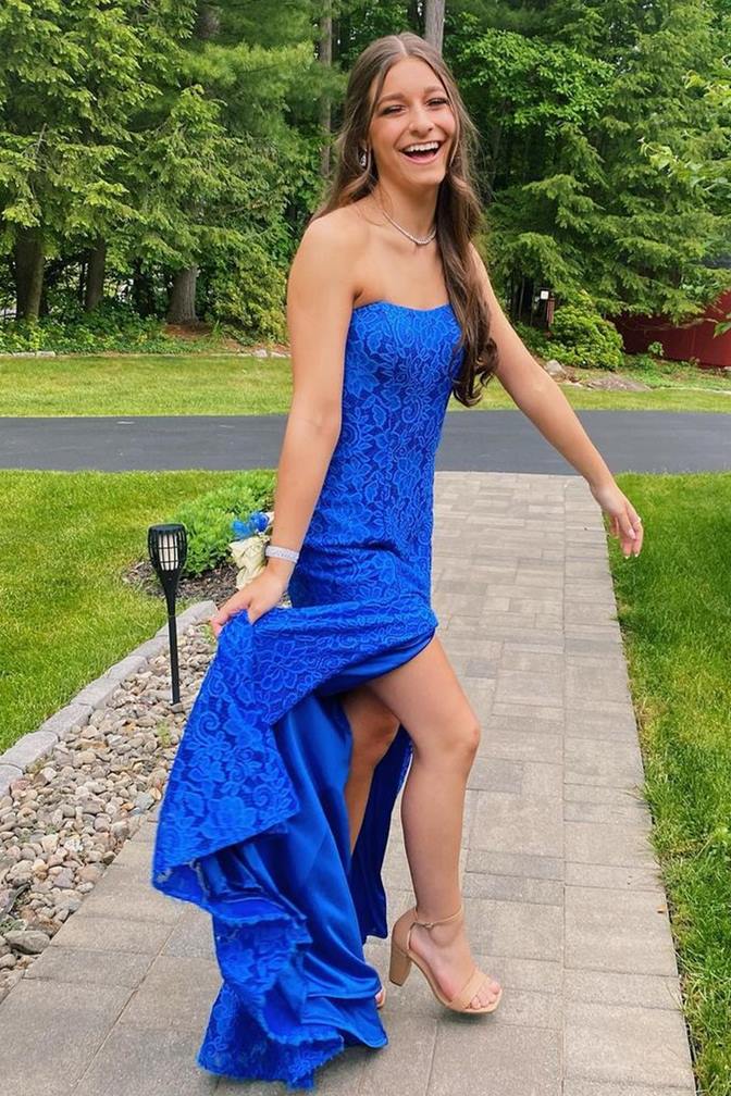 Strapless Royal Blue Lace Prom Dress with Slit - prom dress - DYAVOR®