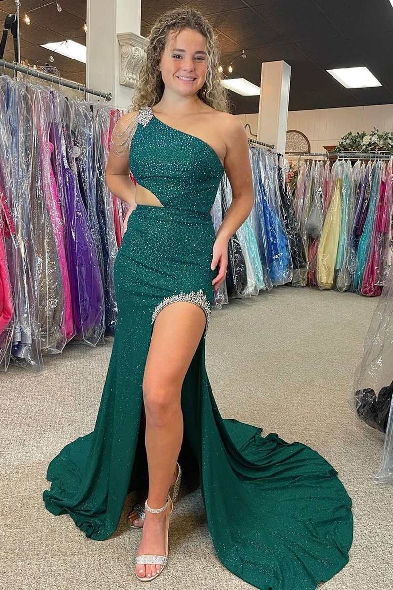 Itzel | One-Shoulder Hunter Green Beaded Mermaid Long Prom Dress with Slit - Prom Dress - DYAVOR®