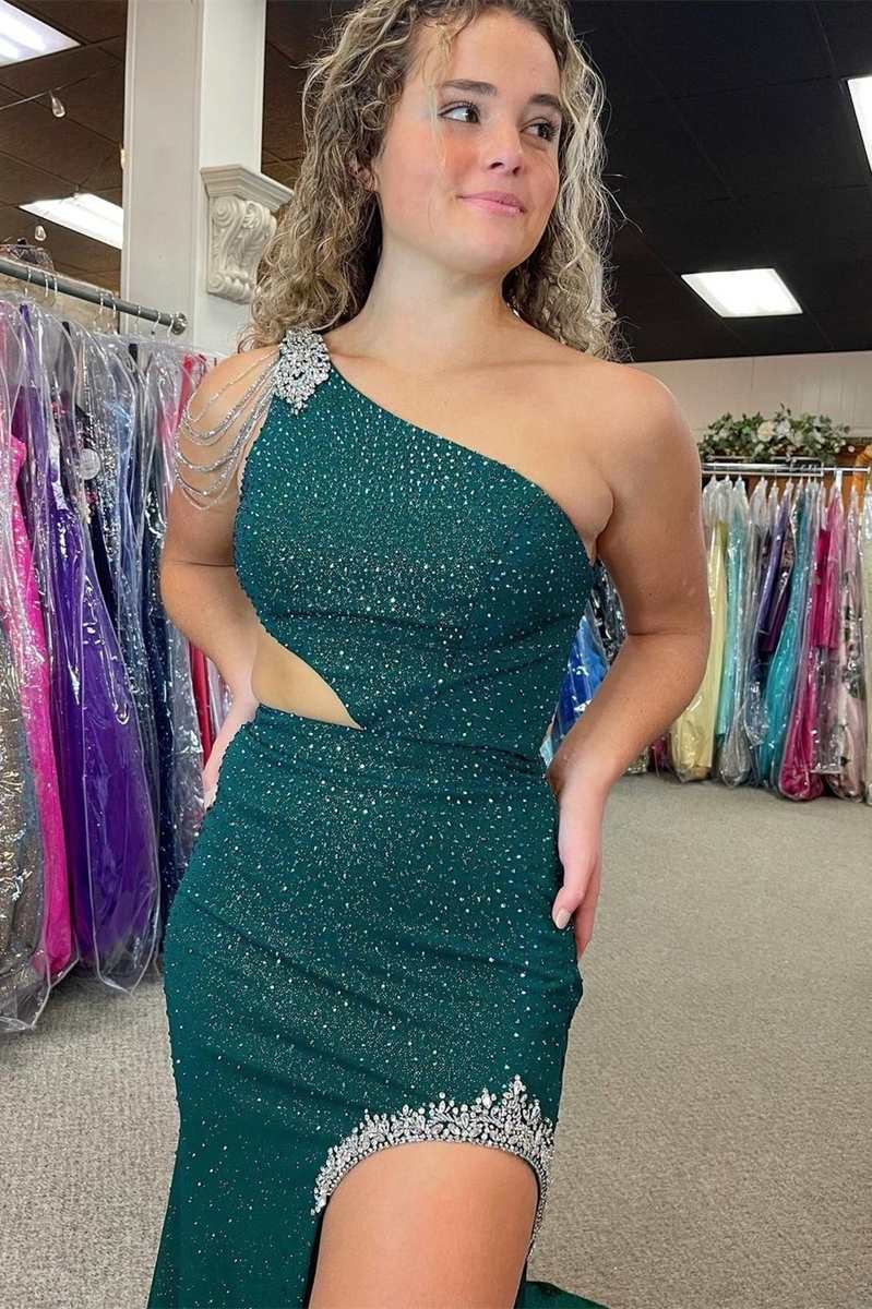 Itzel | One-Shoulder Hunter Green Beaded Mermaid Long Prom Dress with Slit - Prom Dress - DYAVOR®
