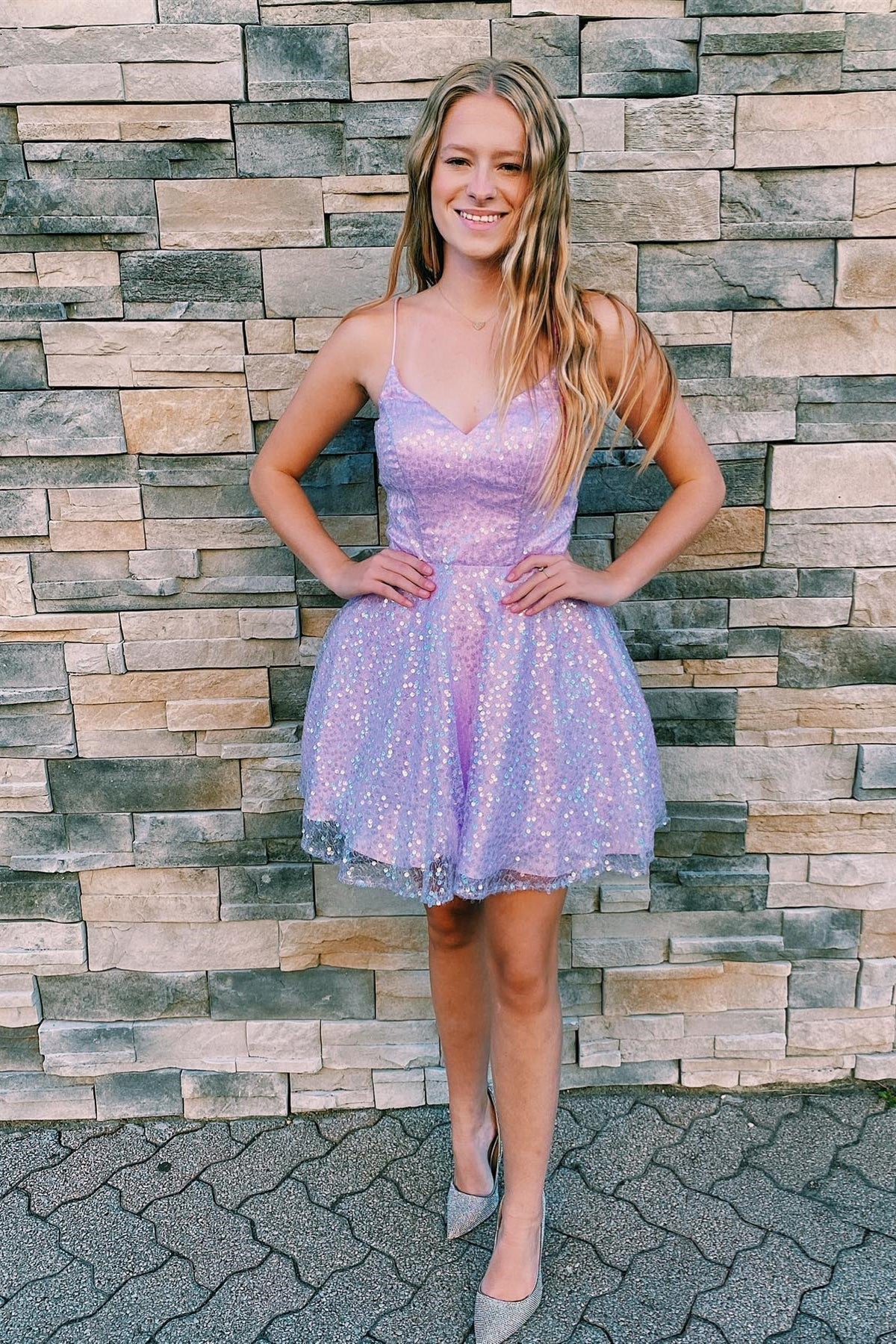 Chayla | Lilac A-line Sequins Straps V Neck Homecoming Dress - Homecoming Dresses - DYAVOR®