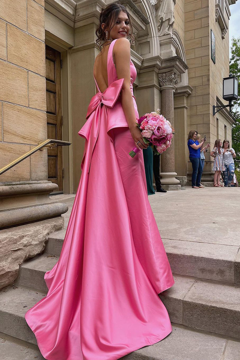 Esther | Cute Mermaid V Neck Pink Satin Long Prom Dresses with Big Bow - Prom Dress - DYAVOR®