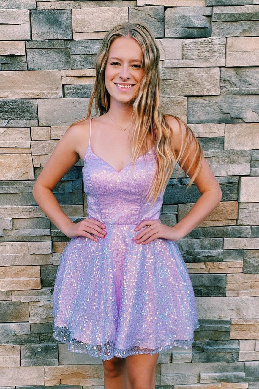 Chayla | Lilac A-line Sequins Straps V Neck Homecoming Dress - Homecoming Dresses - DYAVOR®