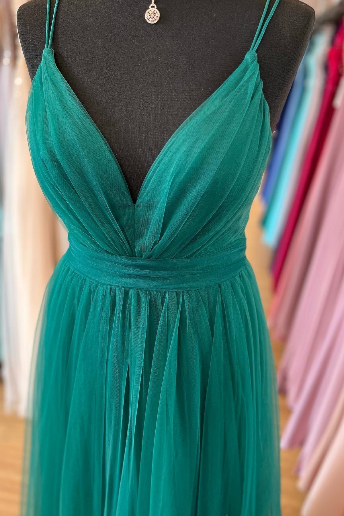 Ada | Hunter Green A-line Plunging V Neck Double Straps Pleated Long Prom Dress - Prom Dress - DYAVOR®