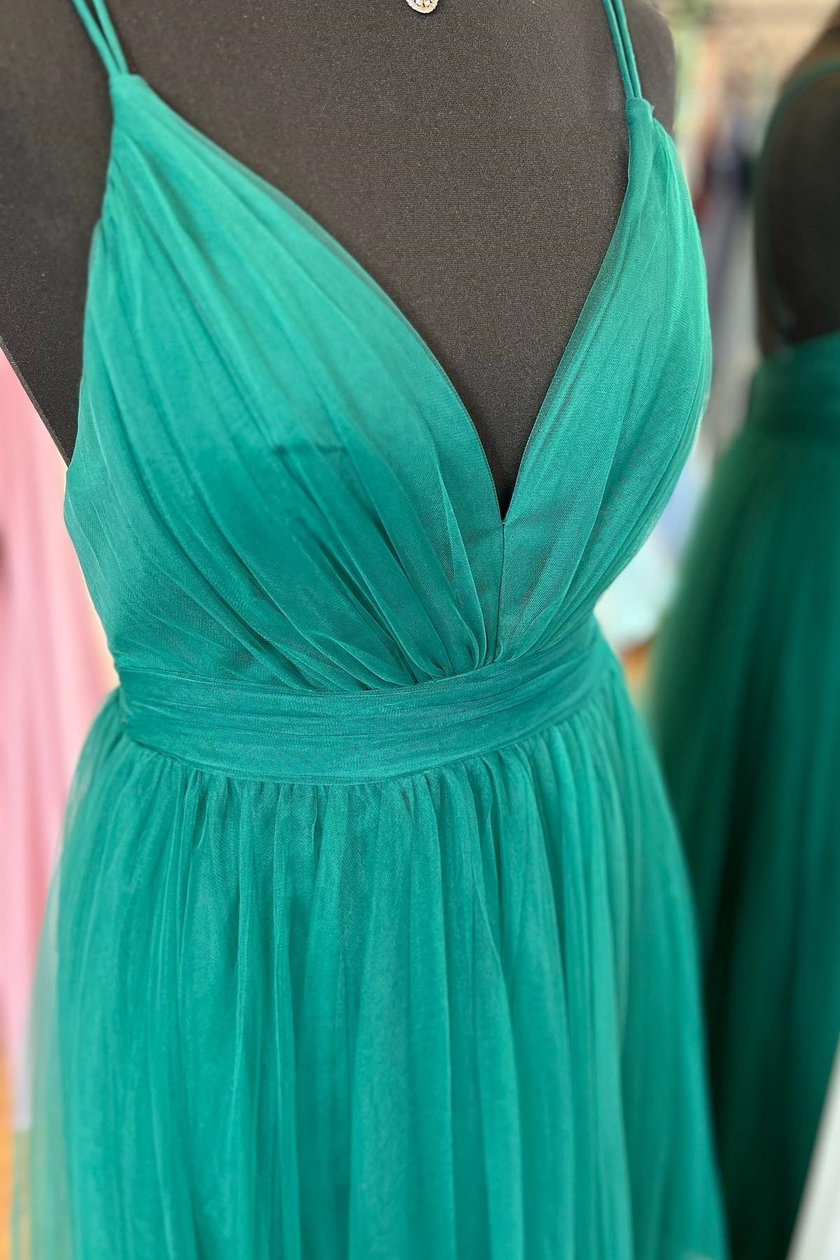 Ada | Hunter Green A-line Plunging V Neck Double Straps Pleated Long Prom Dress - Prom Dress - DYAVOR®