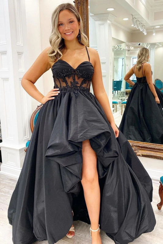 Aubrey | Black Appliques Hi-Low Straps Long Prom Dress - Prom Dress - DYAVOR®