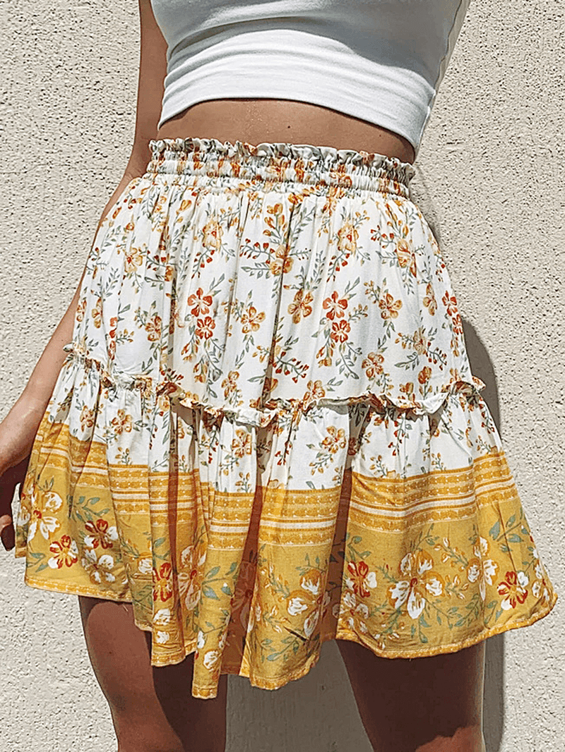Ethnic Women Elastic Waist Floral Ruffle Pleated Printed Mini Short Skirts - Skirts - DYAVOR®