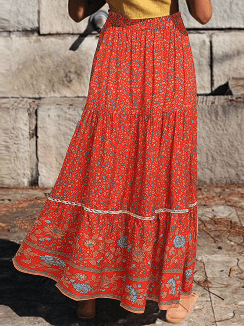 Floral Print Lace Patchwork Leisure Layered Elastic Waist Skirts for Women - Skirts - DYAVOR®