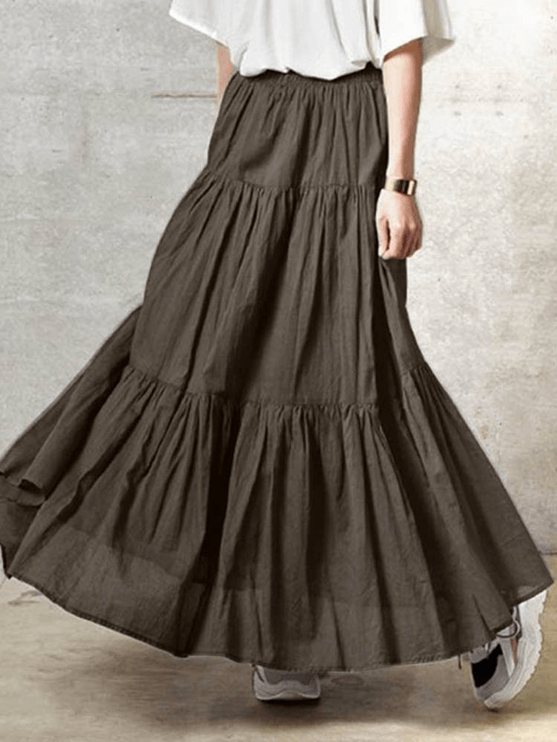 Solid Color Big Swing Elastic Waist Pleated Casual Long Skirt for Women - Skirts - DYAVOR®