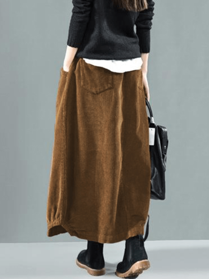 Women Corduroy Button Trim Elastic Waist Solid Retro Skirt with Pocket - Skirts - DYAVOR®