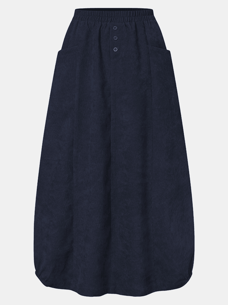 Women Corduroy Button Trim Elastic Waist Solid Retro Skirt with Pocket - Skirts - DYAVOR®