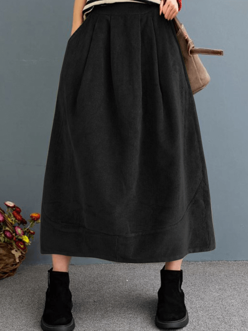 Women Corduroy Solid Elastic Waist Leisure Skirt with Side Pockets - Skirts - DYAVOR®