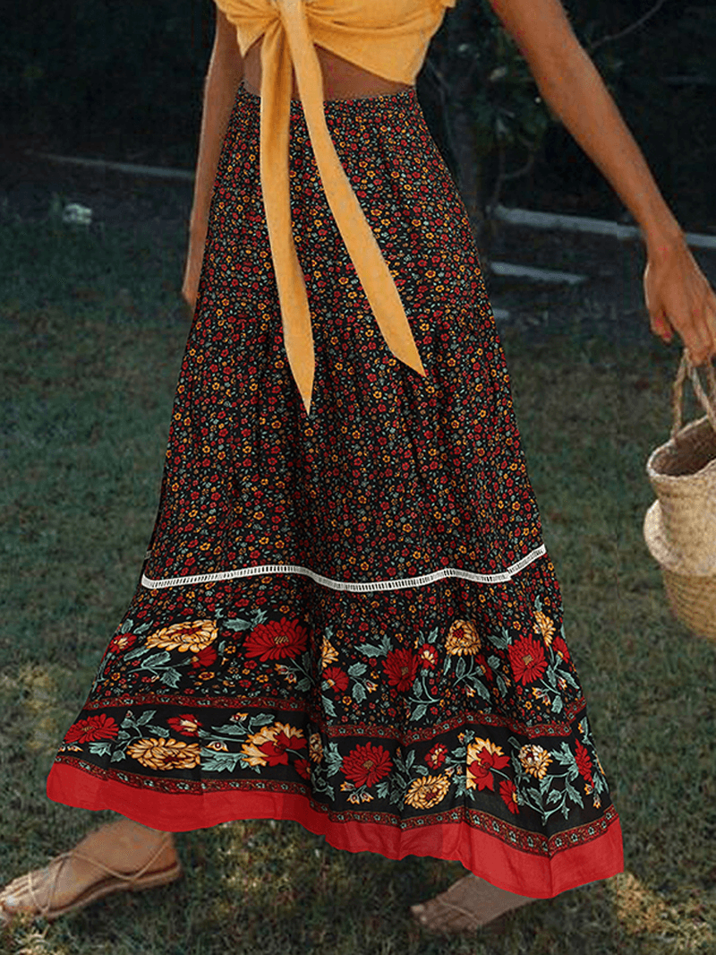 Floral Print Lace Patchwork Leisure Layered Elastic Waist Skirts for Women - Skirts - DYAVOR®
