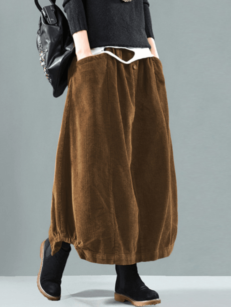 Women Corduroy Button Trim Elastic Waist Solid Retro Skirt with Pocket - Skirts - DYAVOR®