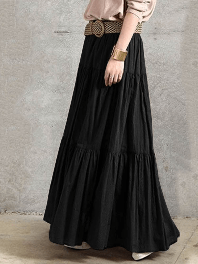 Solid Color Big Swing Elastic Waist Pleated Casual Long Skirt for Women - Skirts - DYAVOR®