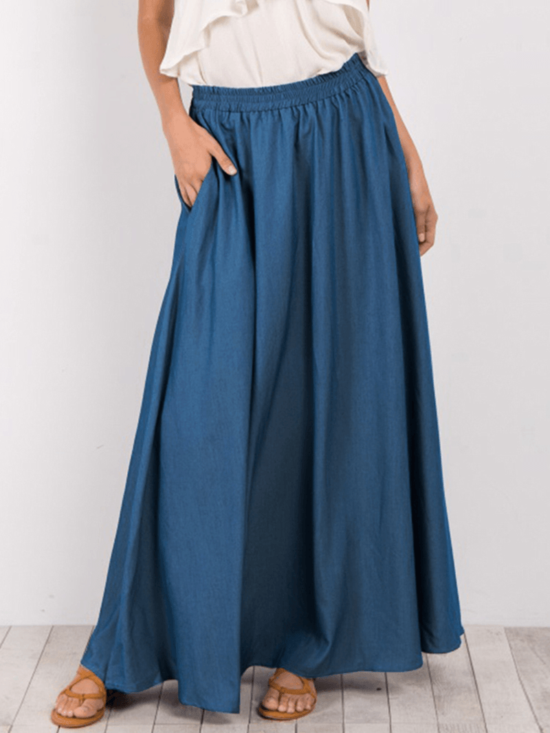 Women Pure Color Elastic Waist Simple Swing Skirts with Pocket - Skirts - DYAVOR®