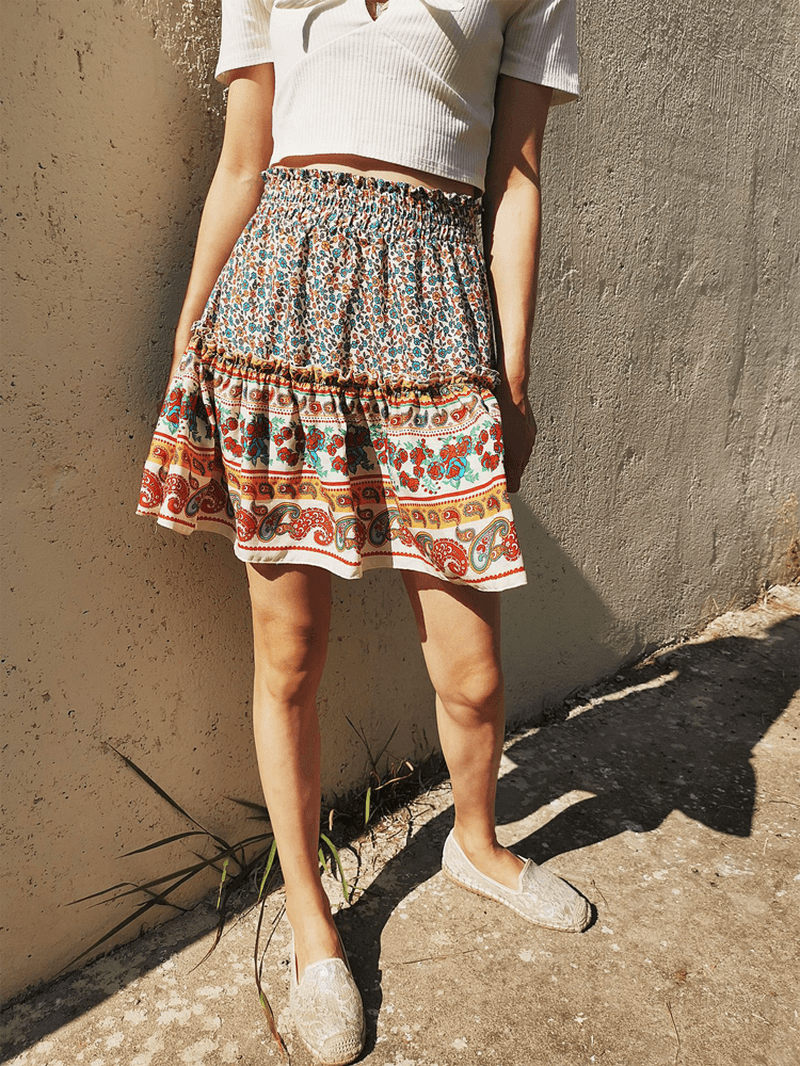 Ethnic Women Elastic Waist Floral Ruffle Pleated Printed Mini Short Skirts - Skirts - DYAVOR®