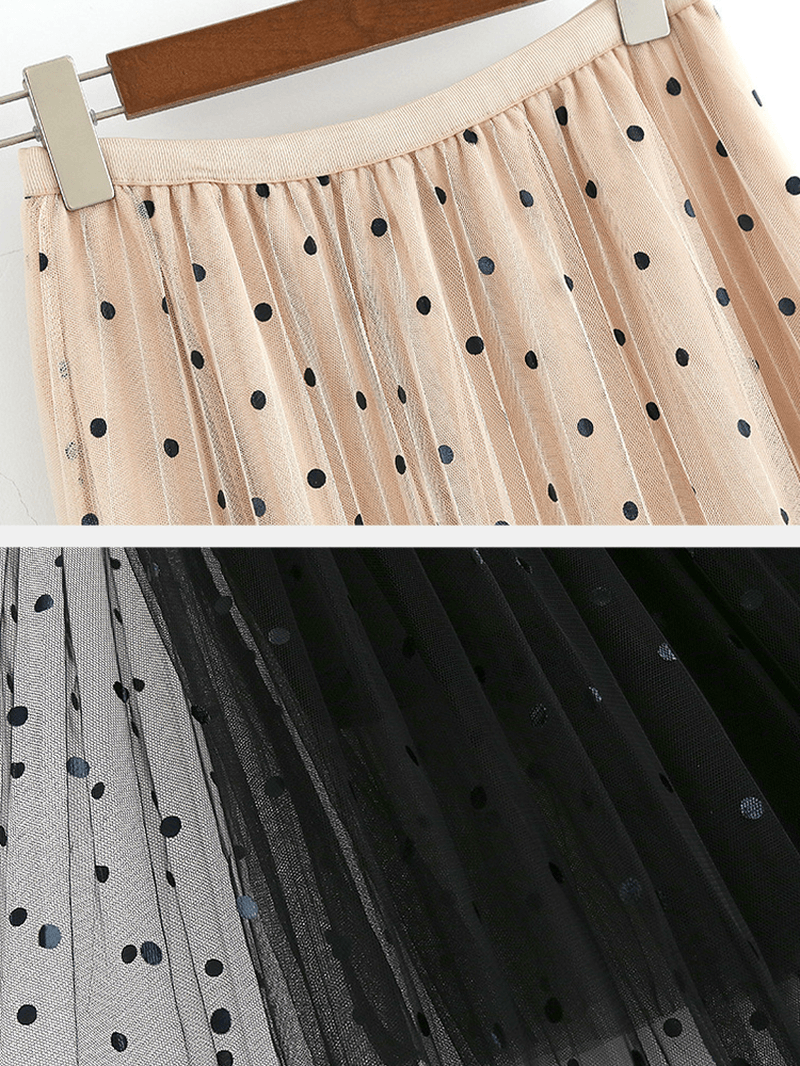 Women Polka Dot Print Gauze Elastic Waist Midi Mesh Pleated Skirt - Skirts - DYAVOR®