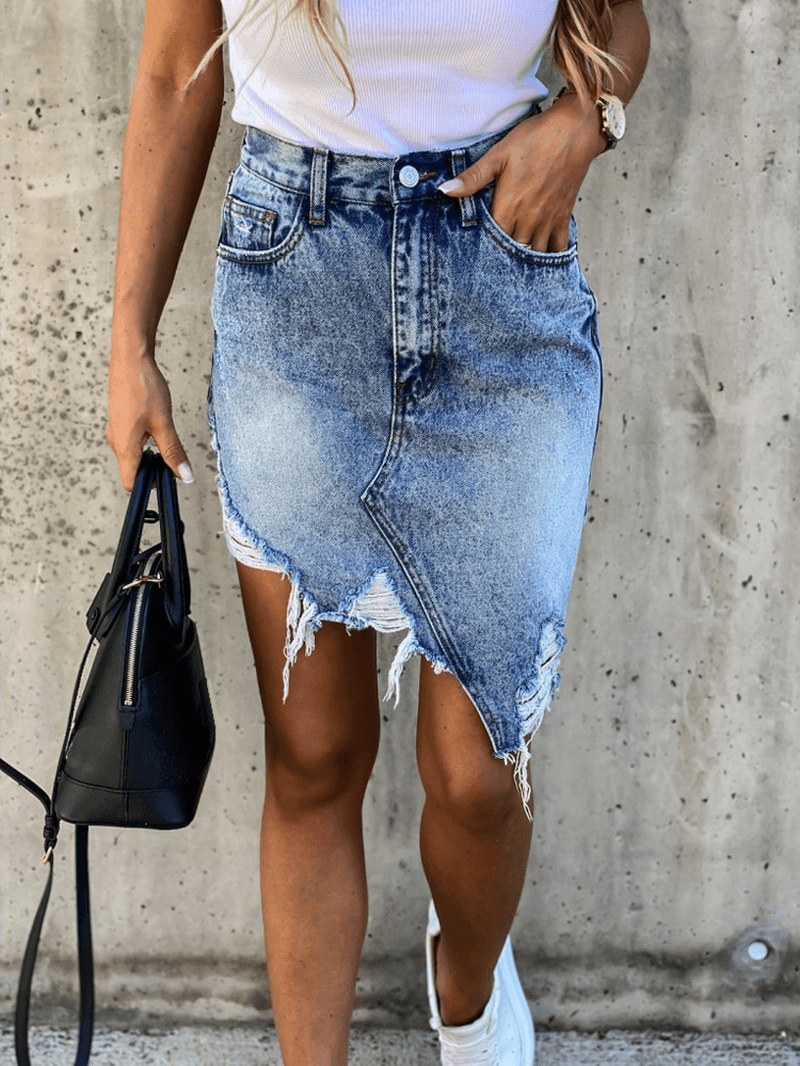 High Waist Ripped Denim Skirt for Women with Pocket and Irregular Hem - - DYAVOR®