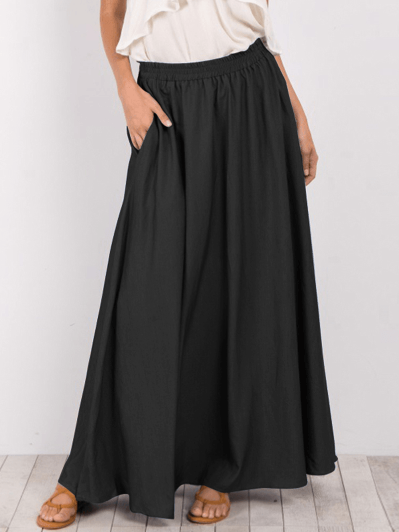 Women Pure Color Elastic Waist Simple Swing Skirts with Pocket - Skirts - DYAVOR®