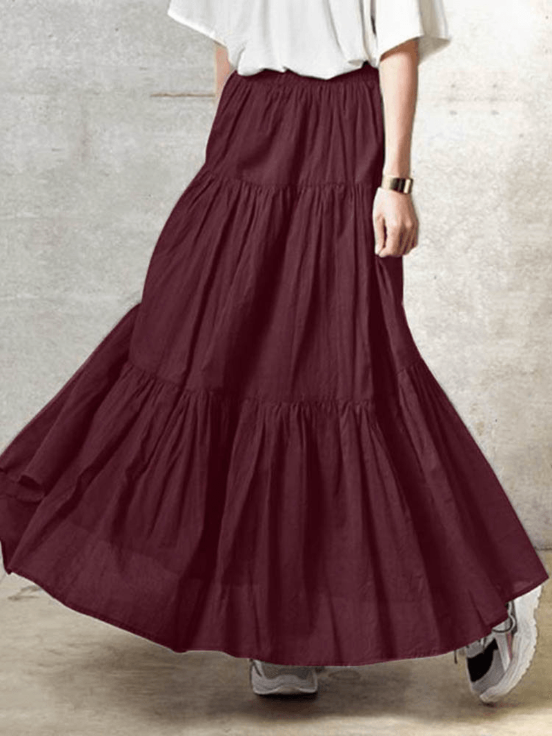 Solid Color Big Swing Elastic Waist Pleated Casual Long Skirt for Women - Skirts - DYAVOR®