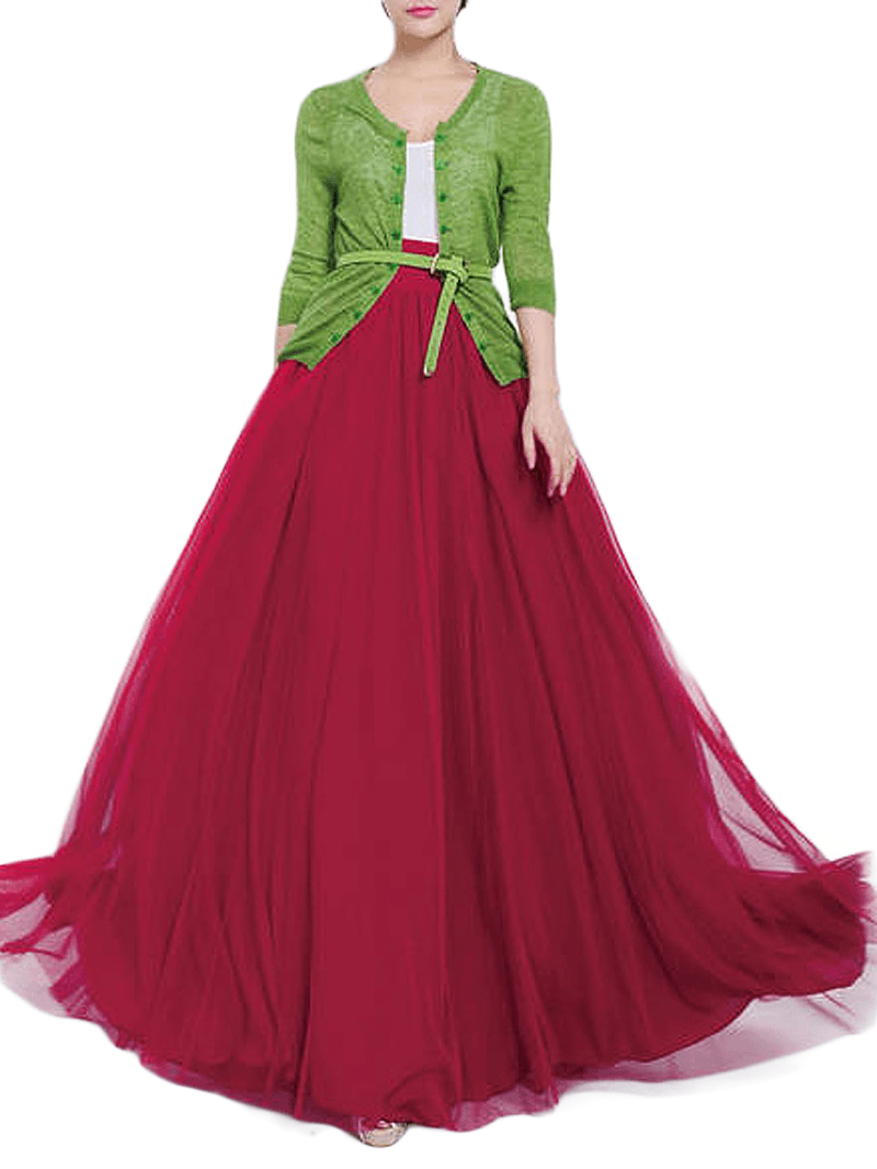 Solid Color Mesh Tulle Pleated Maxi Skirt - Skirts - DYAVOR®
