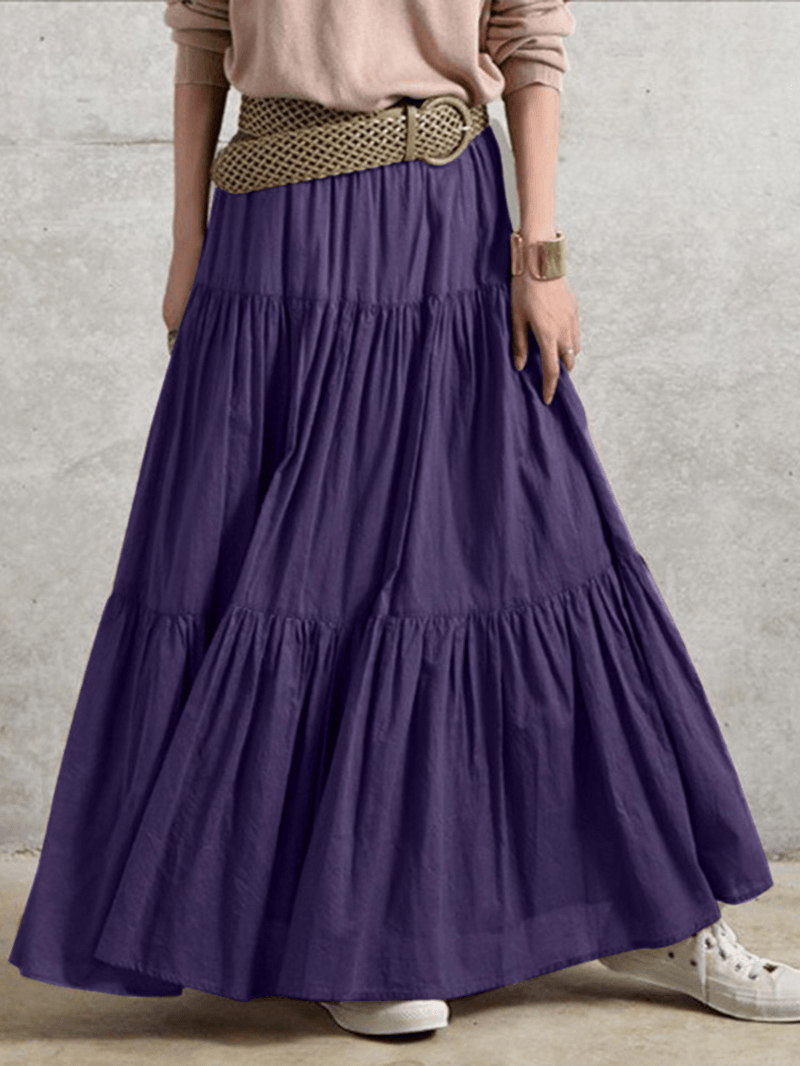 Solid Color Big Swing Elastic Waist Pleated Casual Long Skirt for Women - Skirts - DYAVOR®