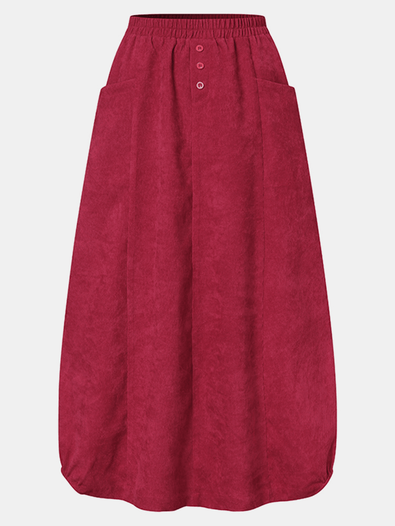 Women Corduroy Button Trim Elastic Waist Solid Retro Skirt with Pocket - Skirts - DYAVOR®