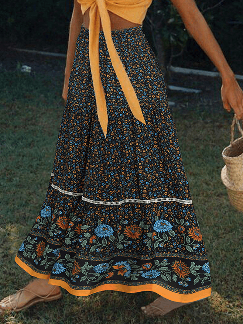 Floral Print Lace Patchwork Leisure Layered Elastic Waist Skirts for Women - Skirts - DYAVOR®