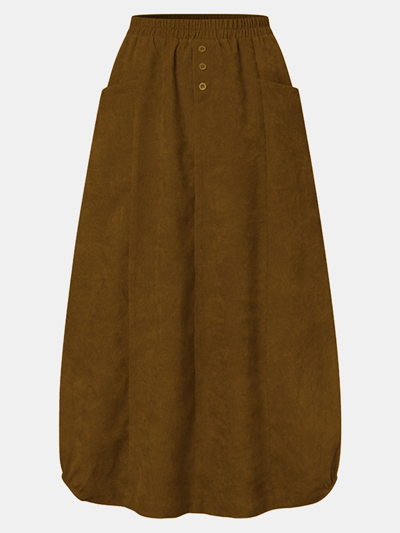 Women Corduroy Button Trim Elastic Waist Solid Retro Skirt with Pocket - Skirts - DYAVOR®