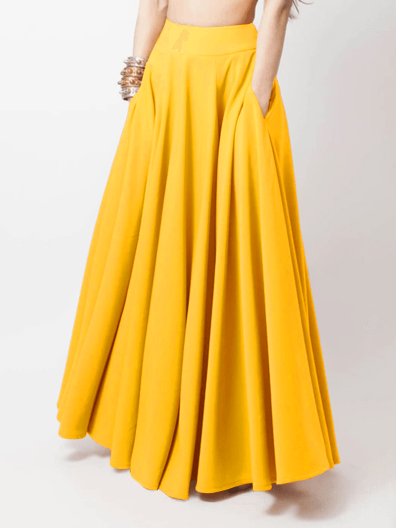Women Solid Color A-Line Elastic Waist Casual Swing Skirts with Pocket - Skirts - DYAVOR®