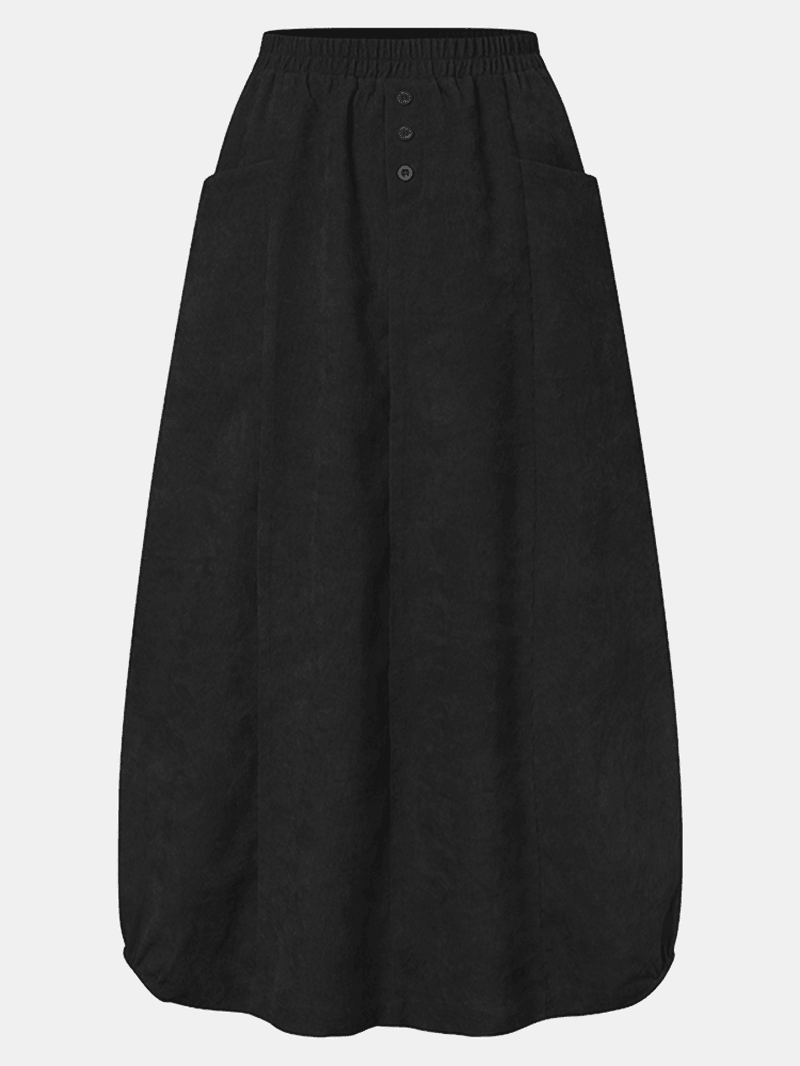Women Corduroy Button Trim Elastic Waist Solid Retro Skirt with Pocket - Skirts - DYAVOR®