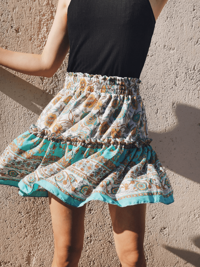 Ethnic Women Elastic Waist Floral Ruffle Pleated Printed Mini Short Skirts - Skirts - DYAVOR®