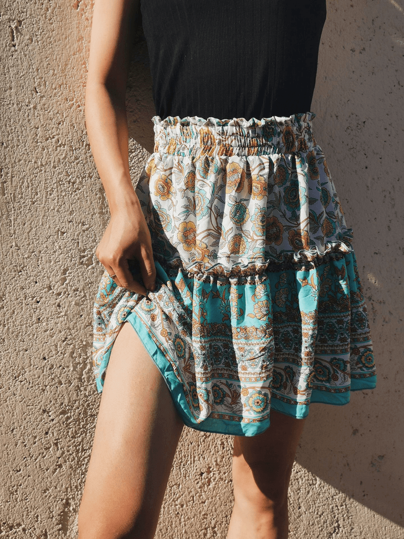 Ethnic Women Elastic Waist Floral Ruffle Pleated Printed Mini Short Skirts - Skirts - DYAVOR®