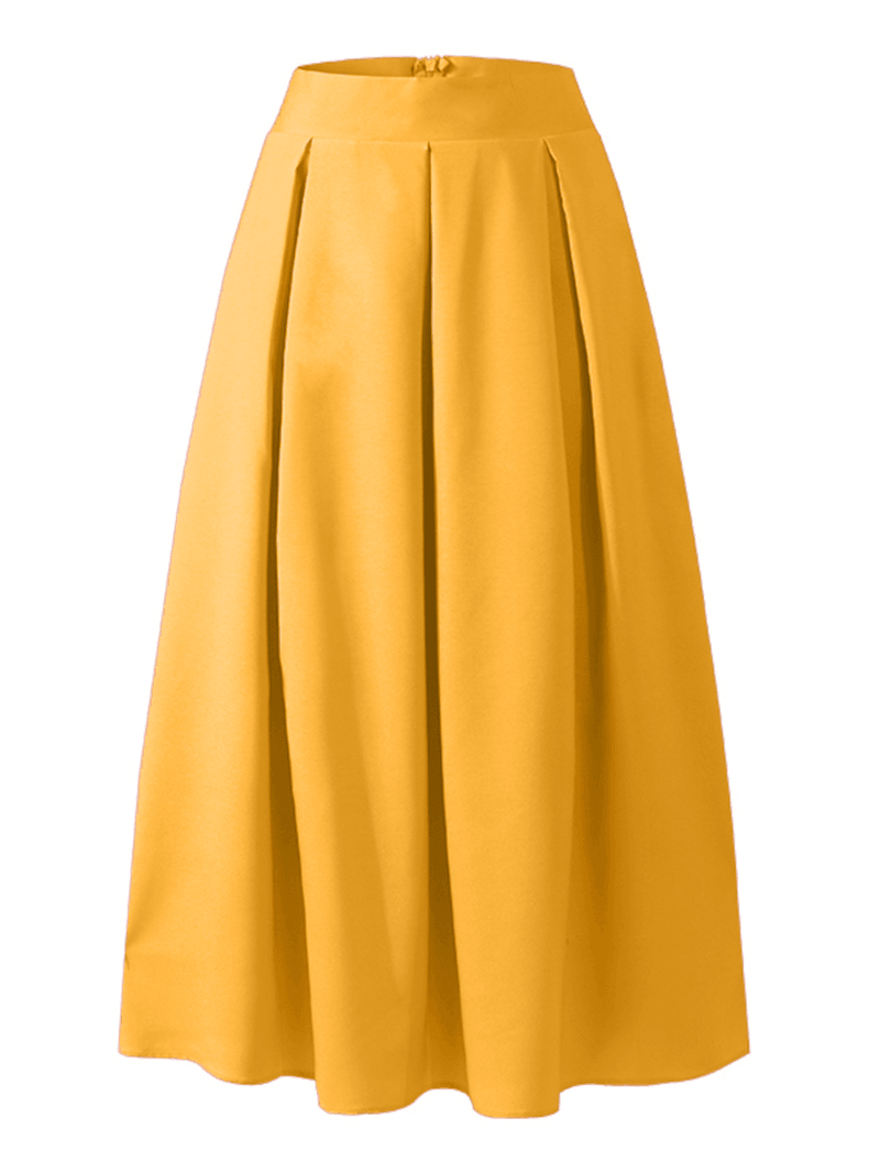 Women Solid Color High Waist Big Swing Zipper Casual Loose Long Skirt with Pocket - Skirts - DYAVOR®
