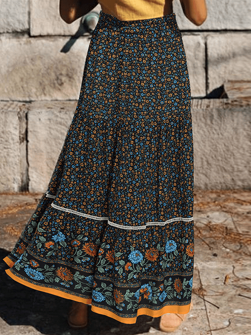 Floral Print Lace Patchwork Leisure Layered Elastic Waist Skirts for Women - Skirts - DYAVOR®