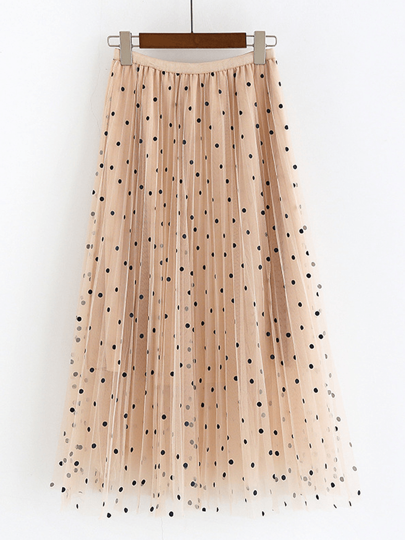 Women Polka Dot Print Gauze Elastic Waist Midi Mesh Pleated Skirt - Skirts - DYAVOR®