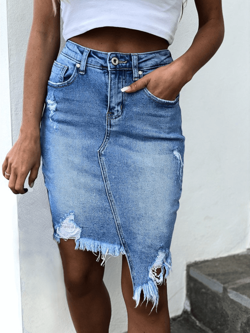 High Waist Ripped Denim Skirt for Women with Pocket and Irregular Hem - - DYAVOR®