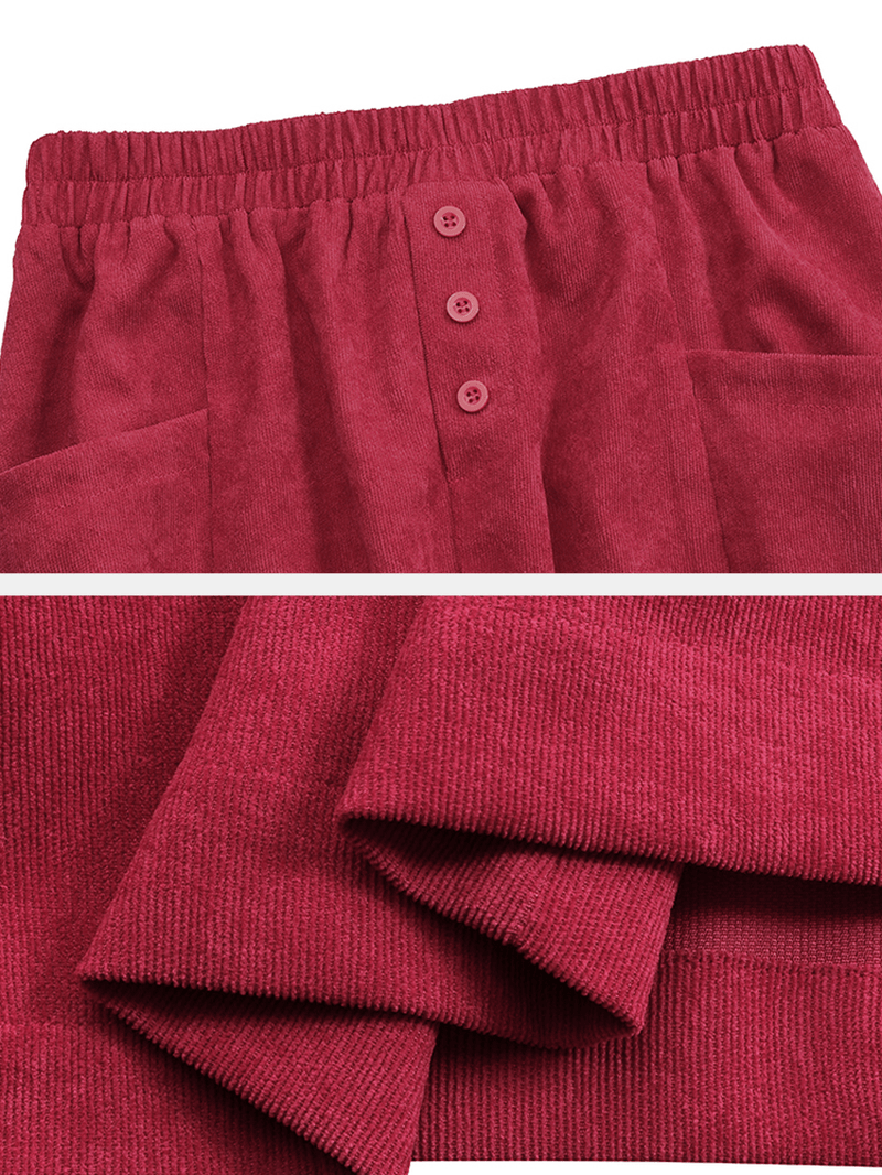 Women Corduroy Button Trim Elastic Waist Solid Retro Skirt with Pocket - Skirts - DYAVOR®