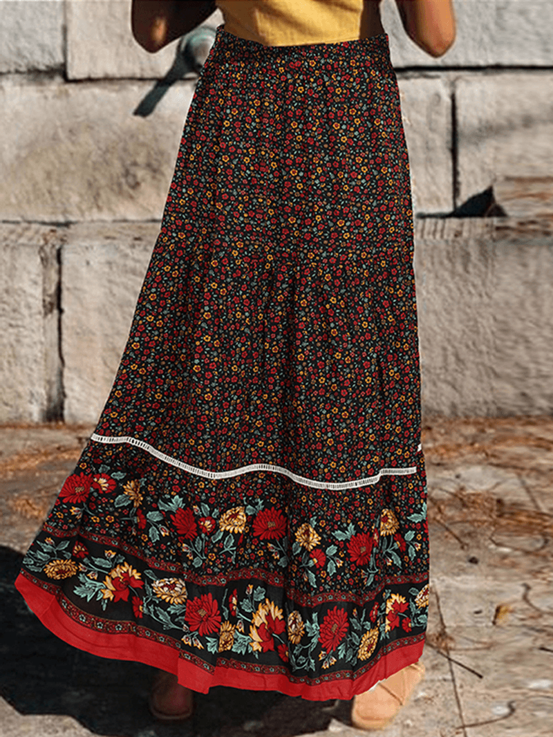 Floral Print Lace Patchwork Leisure Layered Elastic Waist Skirts for Women - Skirts - DYAVOR®