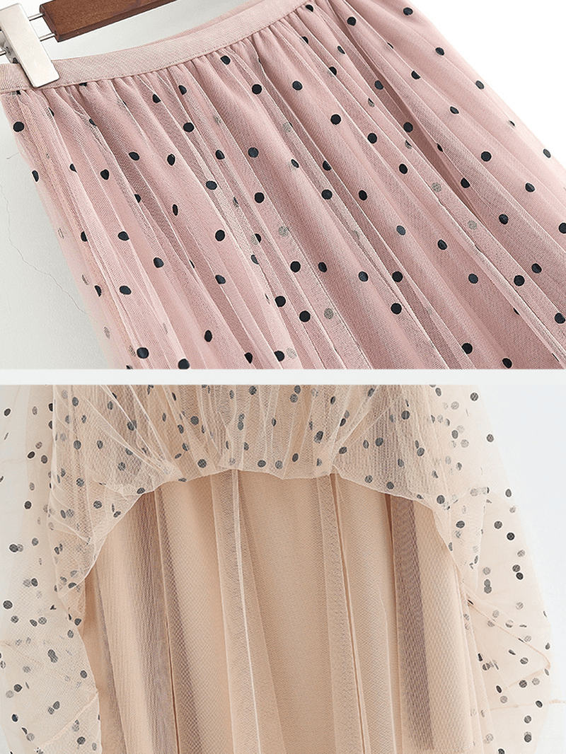 Women Polka Dot Print Gauze Elastic Waist Midi Mesh Pleated Skirt - Skirts - DYAVOR®