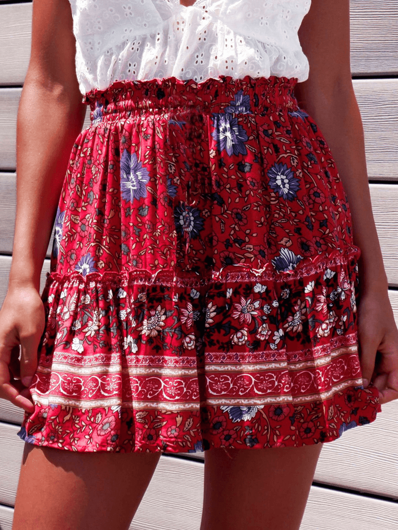 Ethnic Women Elastic Waist Floral Ruffle Pleated Printed Mini Short Skirts - Skirts - DYAVOR®