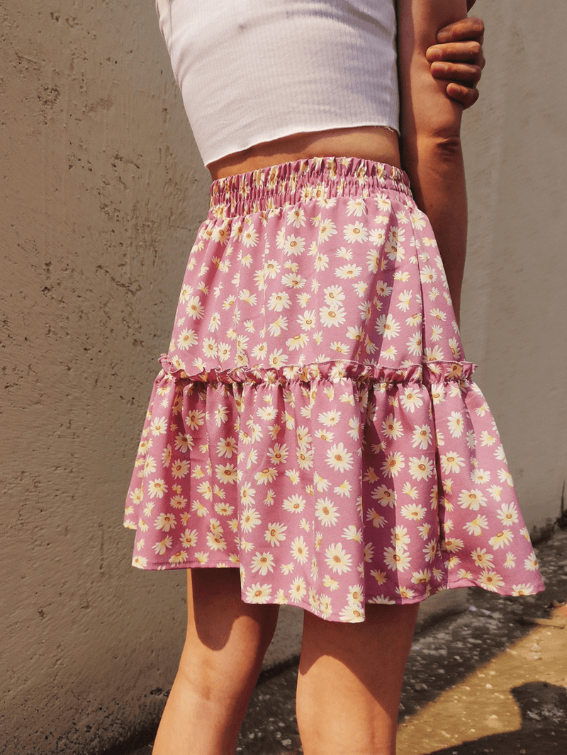 Small Daisies Print High Waist Ruffle Pleated Holiday A-Line Skirts - Skirts - DYAVOR®