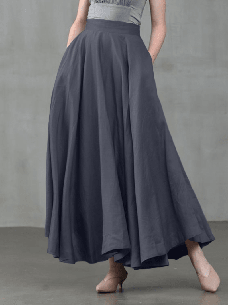 Women Solid Color Back Zip Pleated Casual Swing Skirts with Pocket - Skirts - DYAVOR®