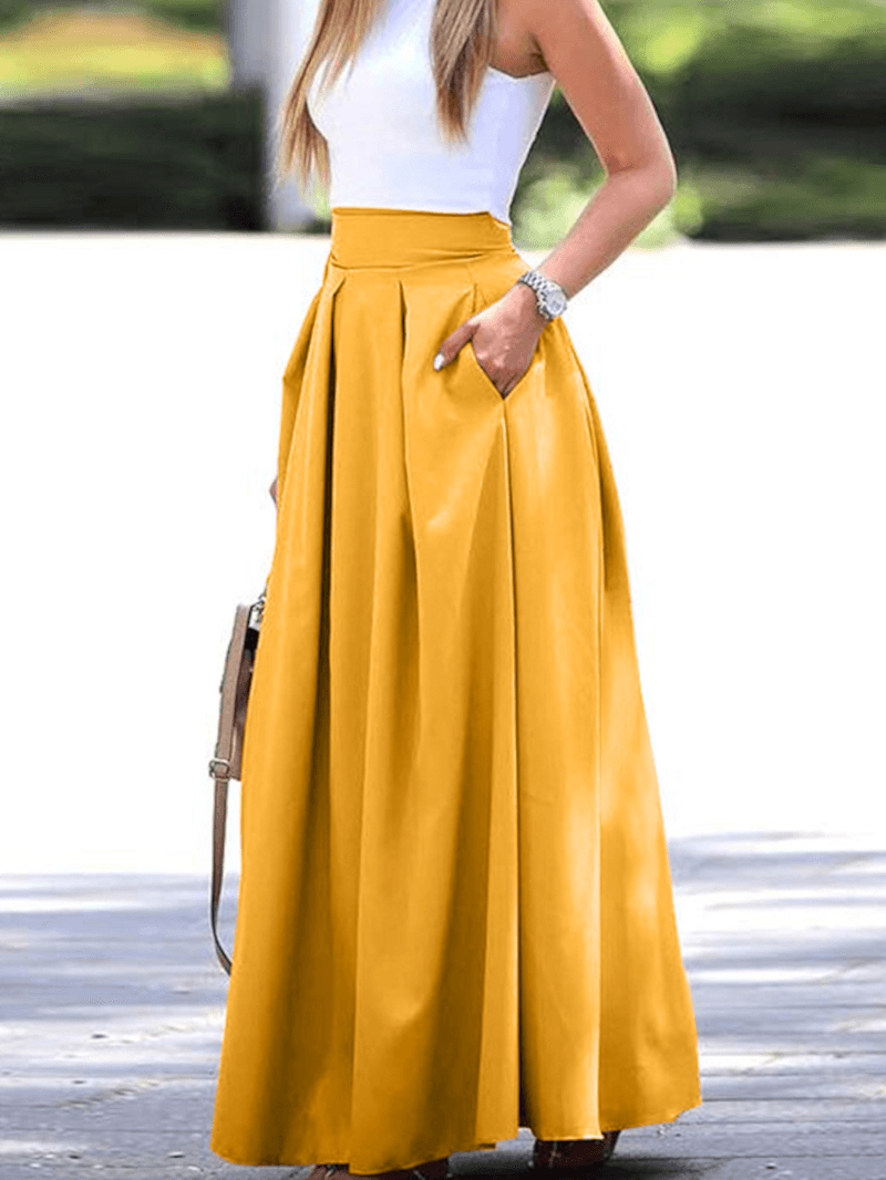 Women Solid Color High Waist Big Swing Zipper Casual Loose Long Skirt with Pocket - Skirts - DYAVOR®