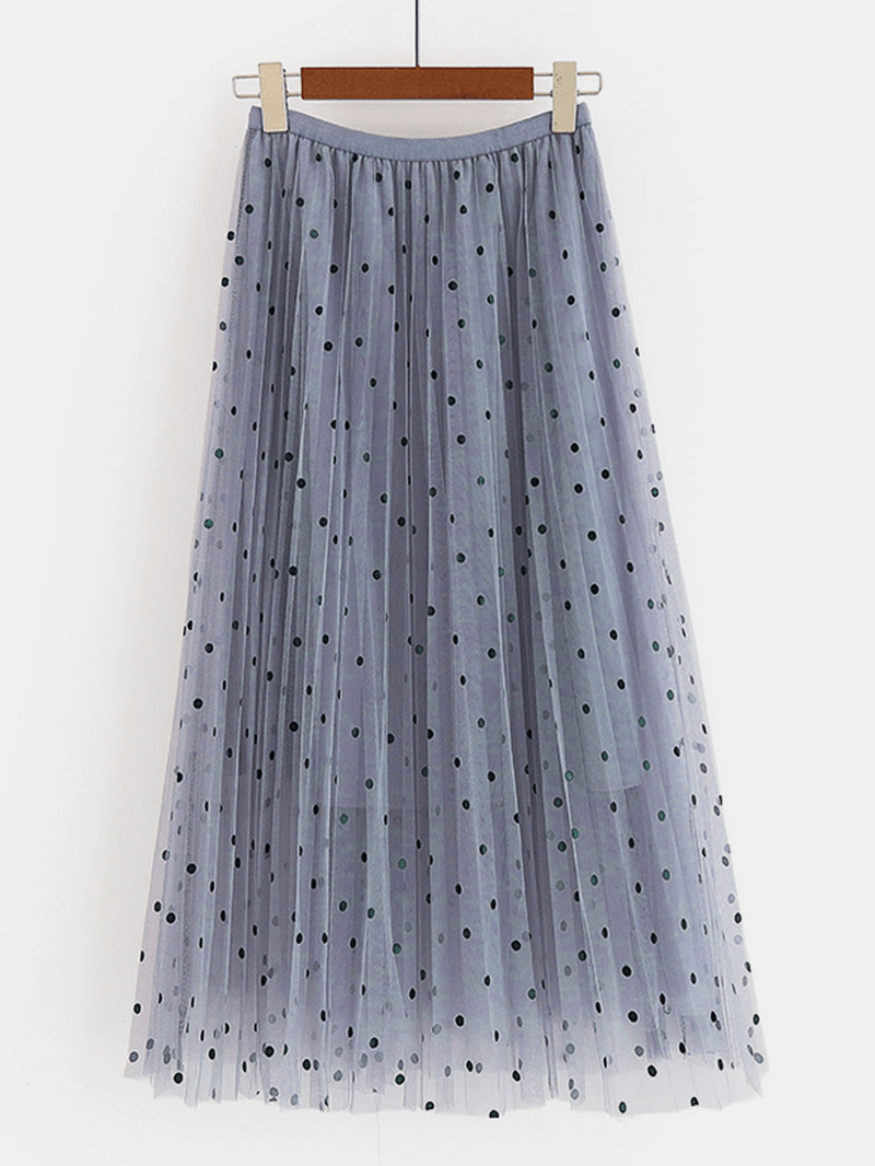 Women Polka Dot Print Gauze Elastic Waist Midi Mesh Pleated Skirt - Skirts - DYAVOR®