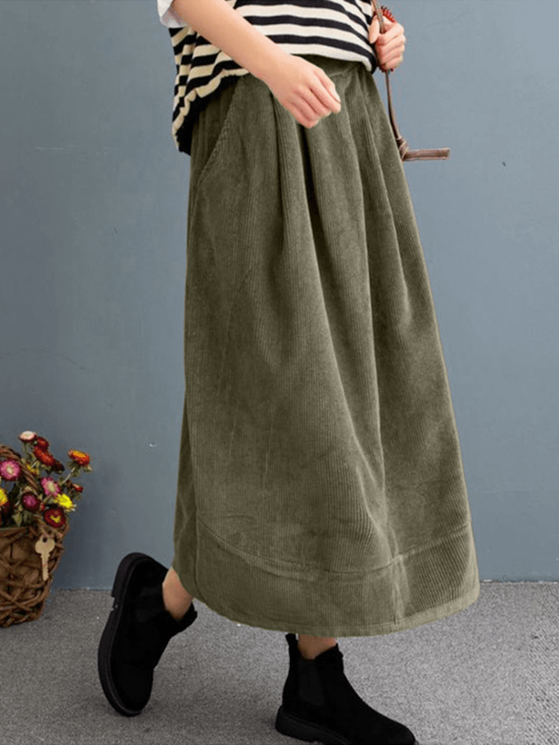 Women Corduroy Solid Elastic Waist Leisure Skirt with Side Pockets - Skirts - DYAVOR®