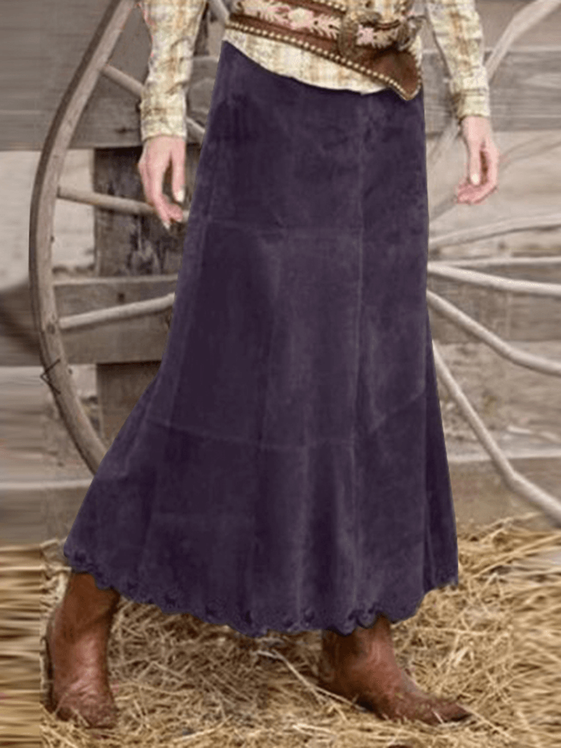 Women Corduroy Solid Color Frill Hem Back Zipper Casual Skirts - Skirts - DYAVOR®