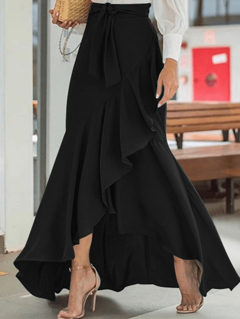 Women's Solid Color High Waist Ruffle High Low Hem Swing Maxi Skirts for Fashionable Style - Skirts - DYAVOR®